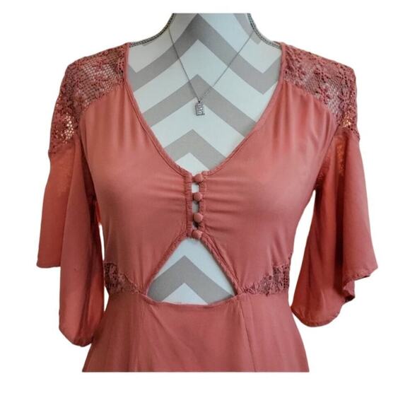 Tobi Coral Pink Lace Cuttout Button Front Accent Sheere Back Slit Maxi Dress S - Picture 5 of 15